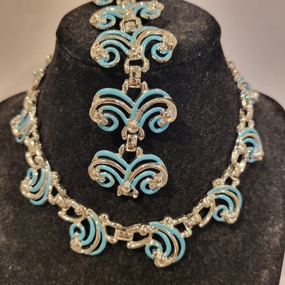 Mid-Century blue and silver toned vintage necklace with matching bracelet - Picture 2 of 5